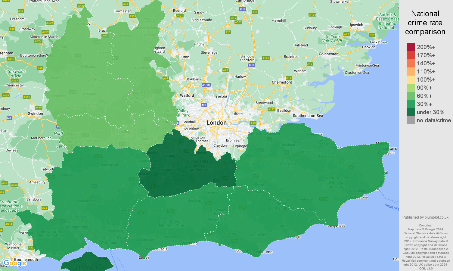 South East theft from the person crime rate comparison map
