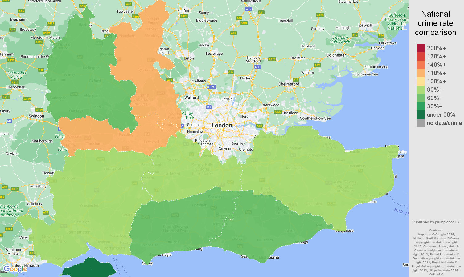 South East vehicle crime rate comparison map