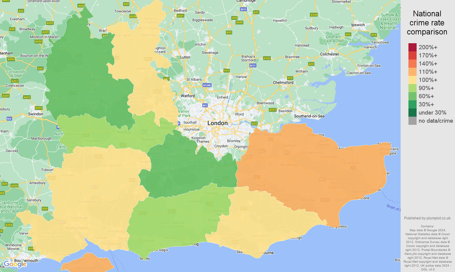 South East violent crime rate comparison map