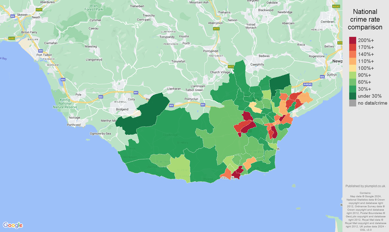 South Glamorgan antisocial behaviour crime rate comparison map