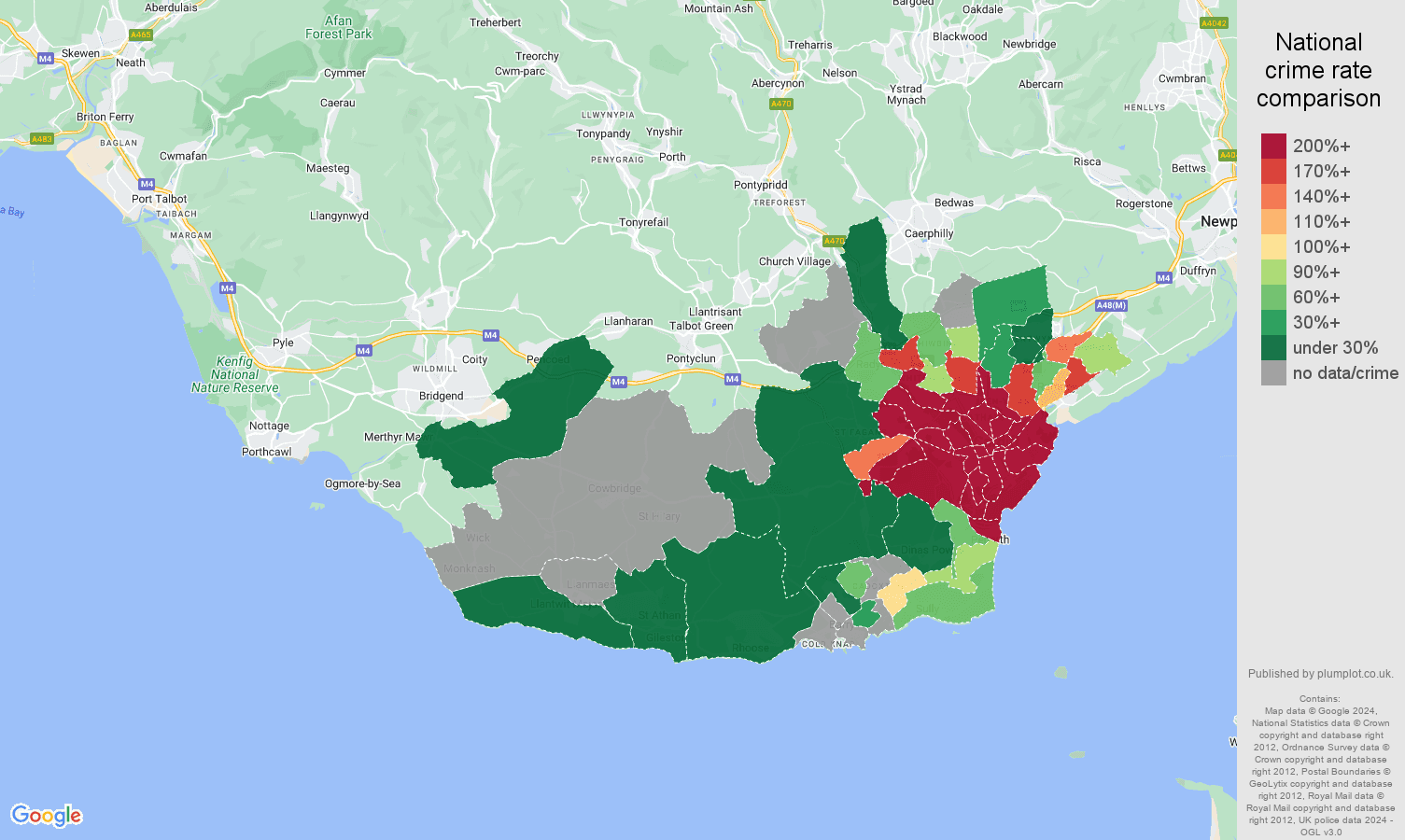 South Glamorgan bicycle theft crime rate comparison map
