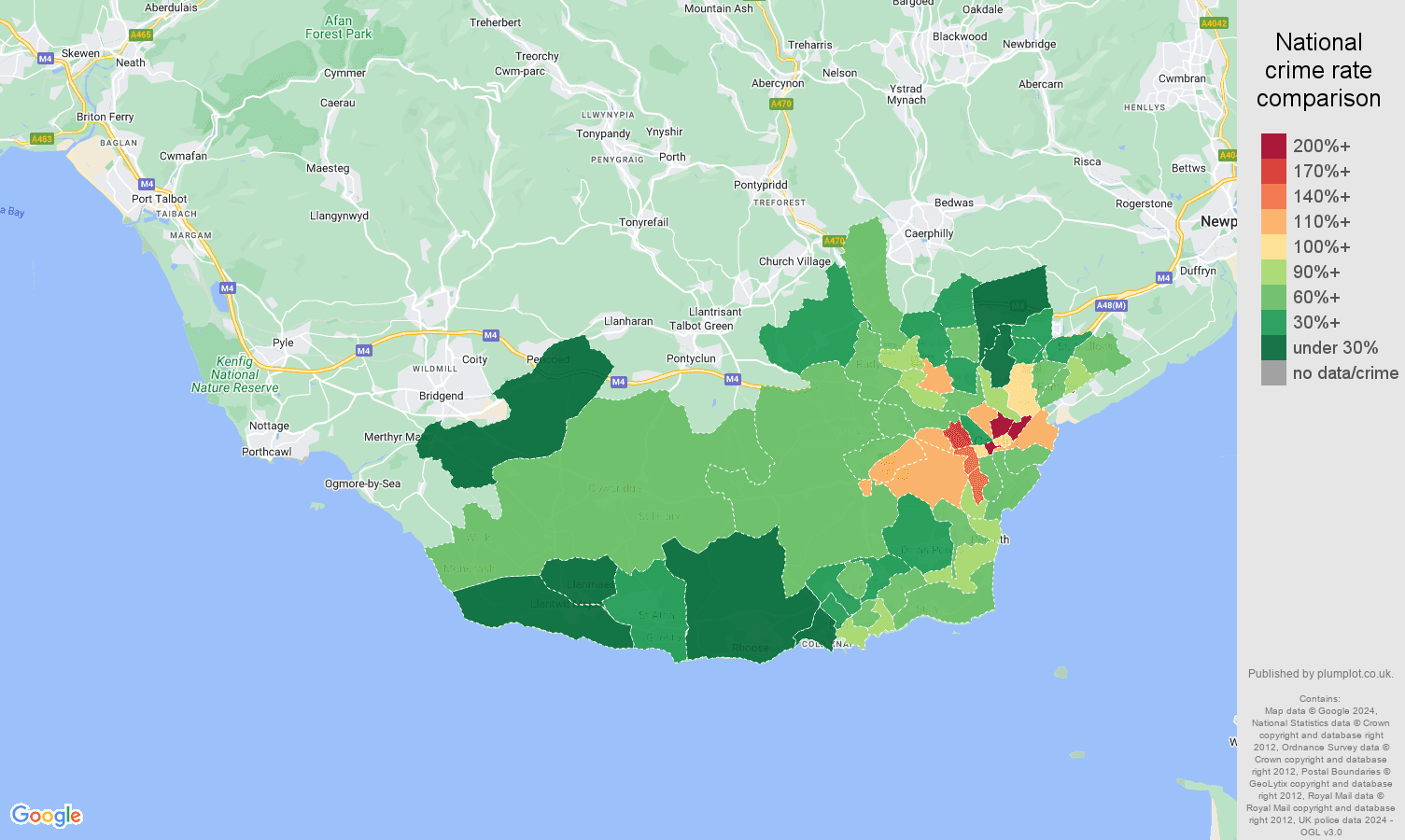 South Glamorgan burglary crime rate comparison map