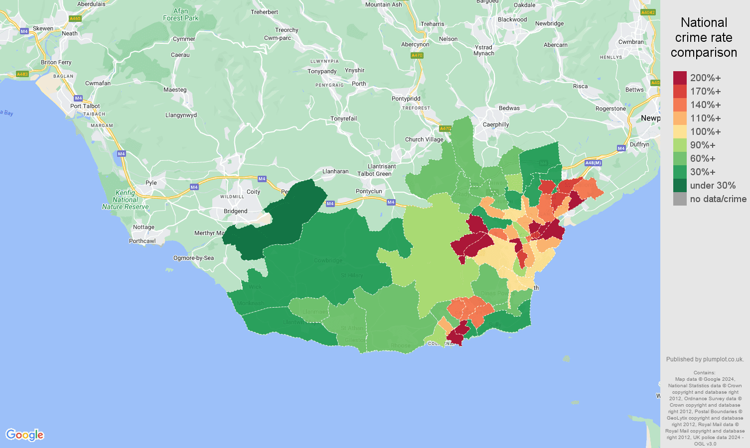 South Glamorgan criminal damage and arson crime rate comparison map