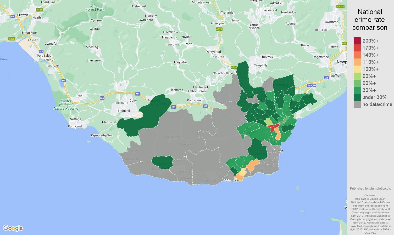 South Glamorgan robbery crime rate comparison map