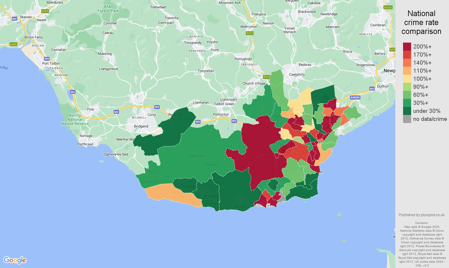 South Glamorgan shoplifting crime rate comparison map