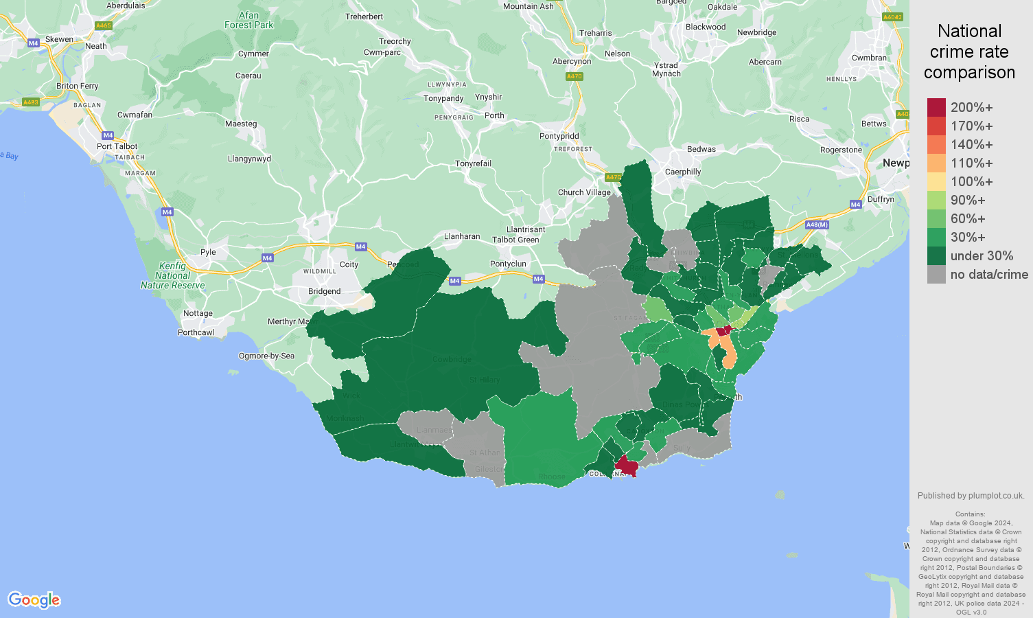 South Glamorgan theft from the person crime rate comparison map