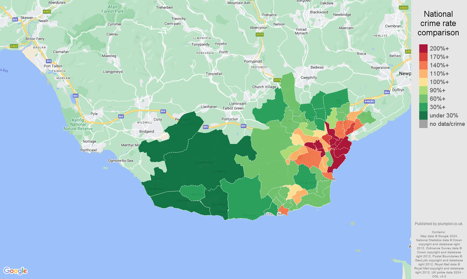 South Glamorgan vehicle crime rate comparison map