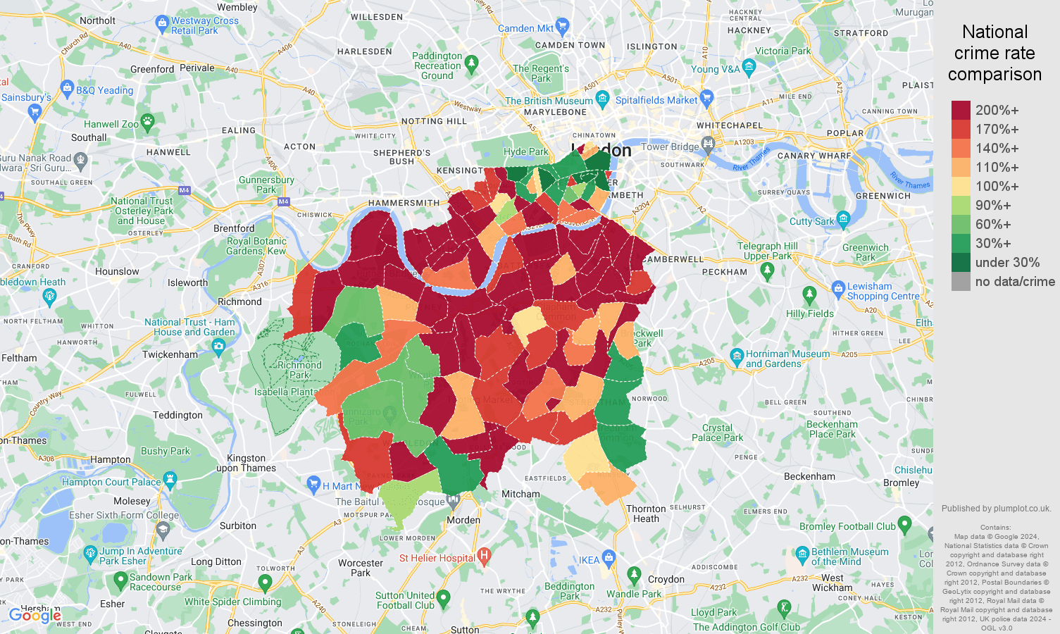 South West London bicycle theft crime rate comparison map