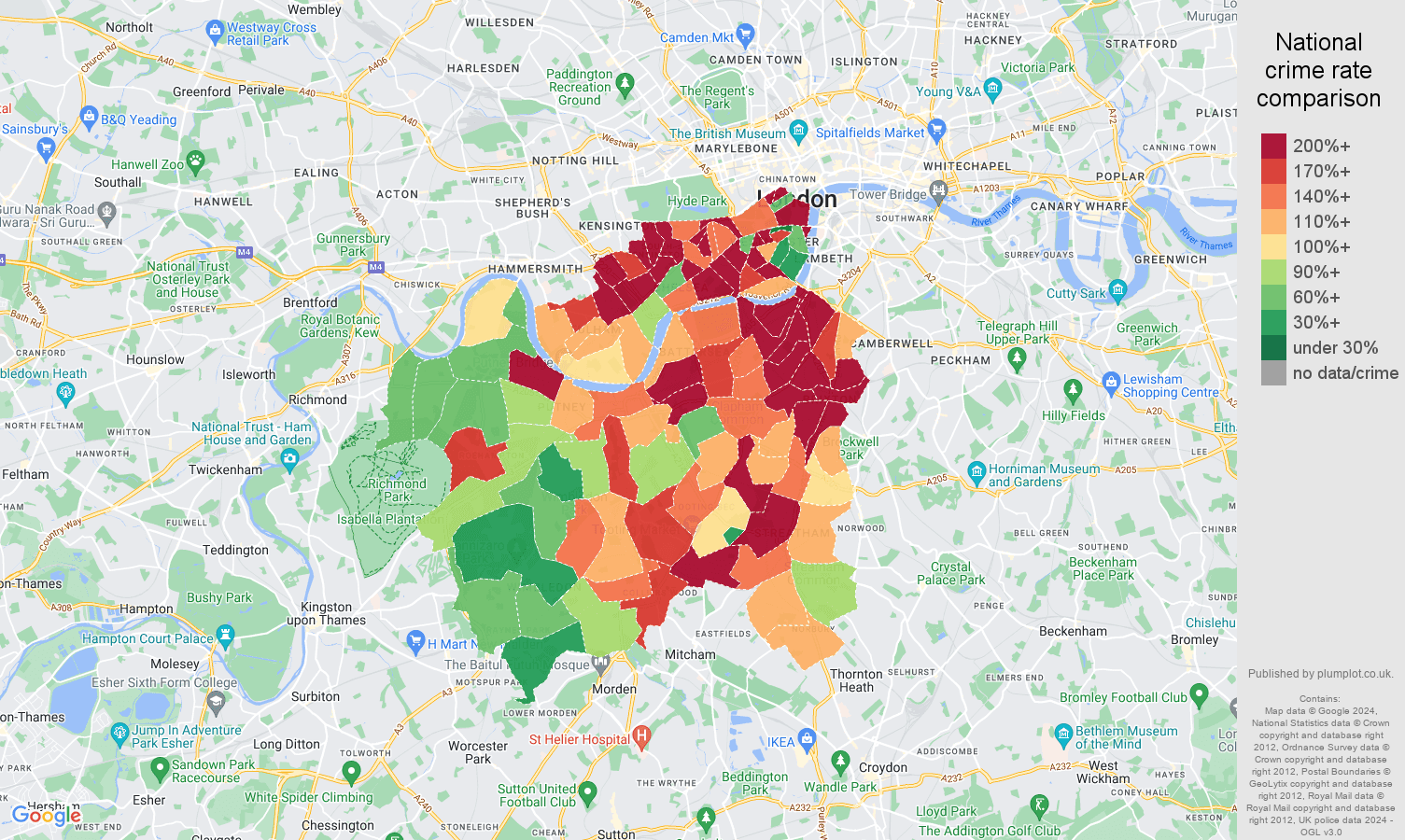 South West London other theft crime rate comparison map