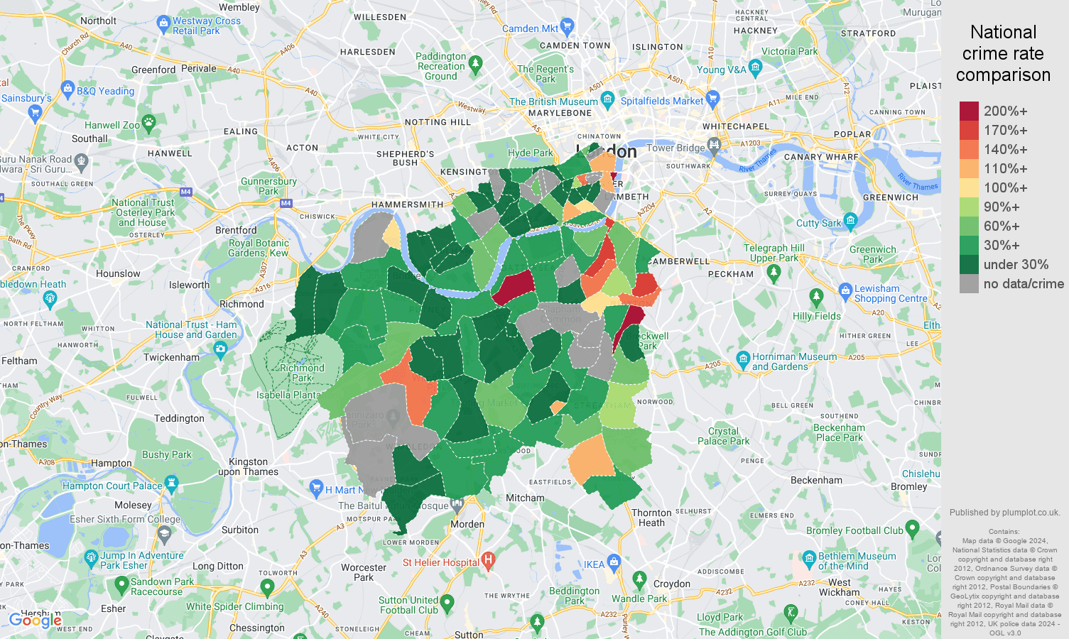 South West London possession of weapons crime rate comparison map