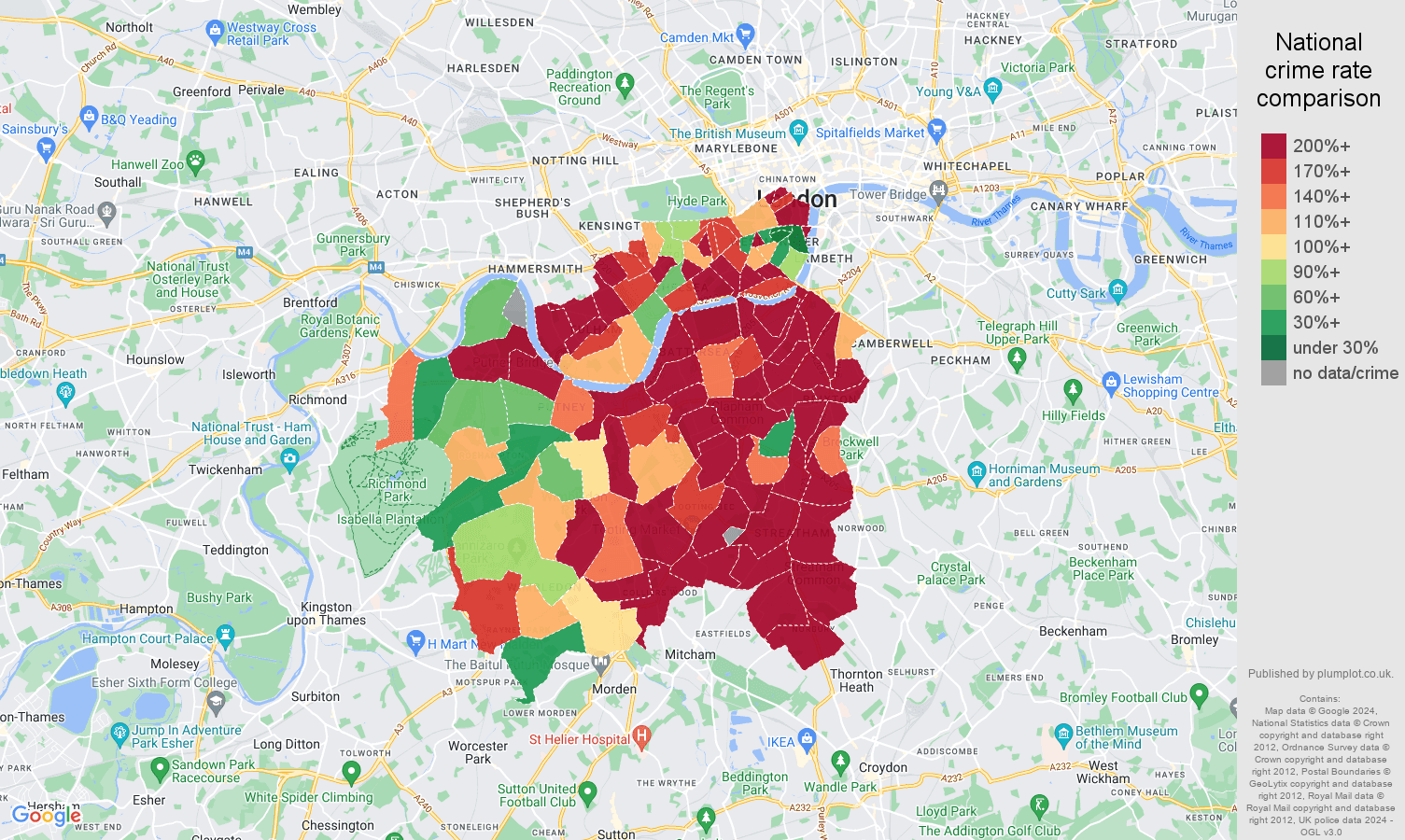 South West London robbery crime rate comparison map