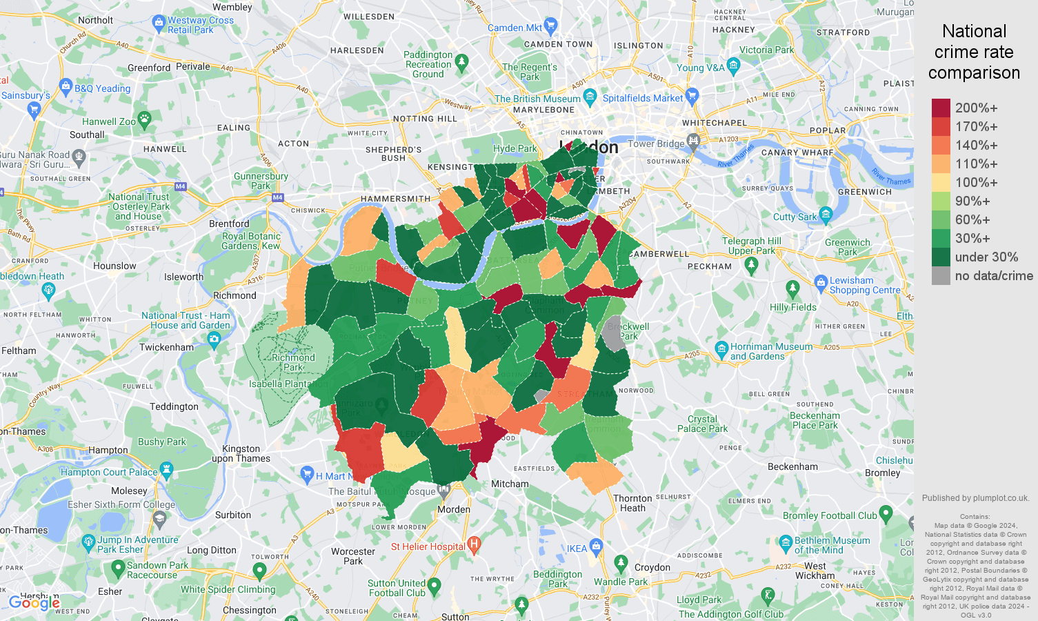 South West London shoplifting crime rate comparison map