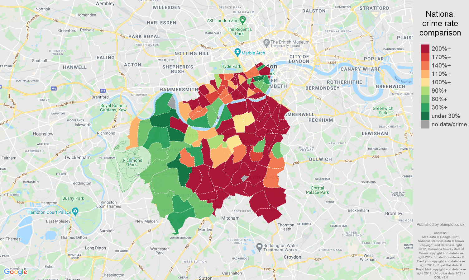 South West London theft from the person crime rate comparison map