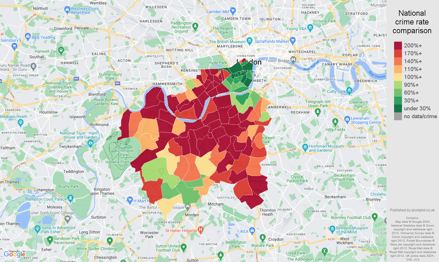 South West London vehicle crime rate comparison map