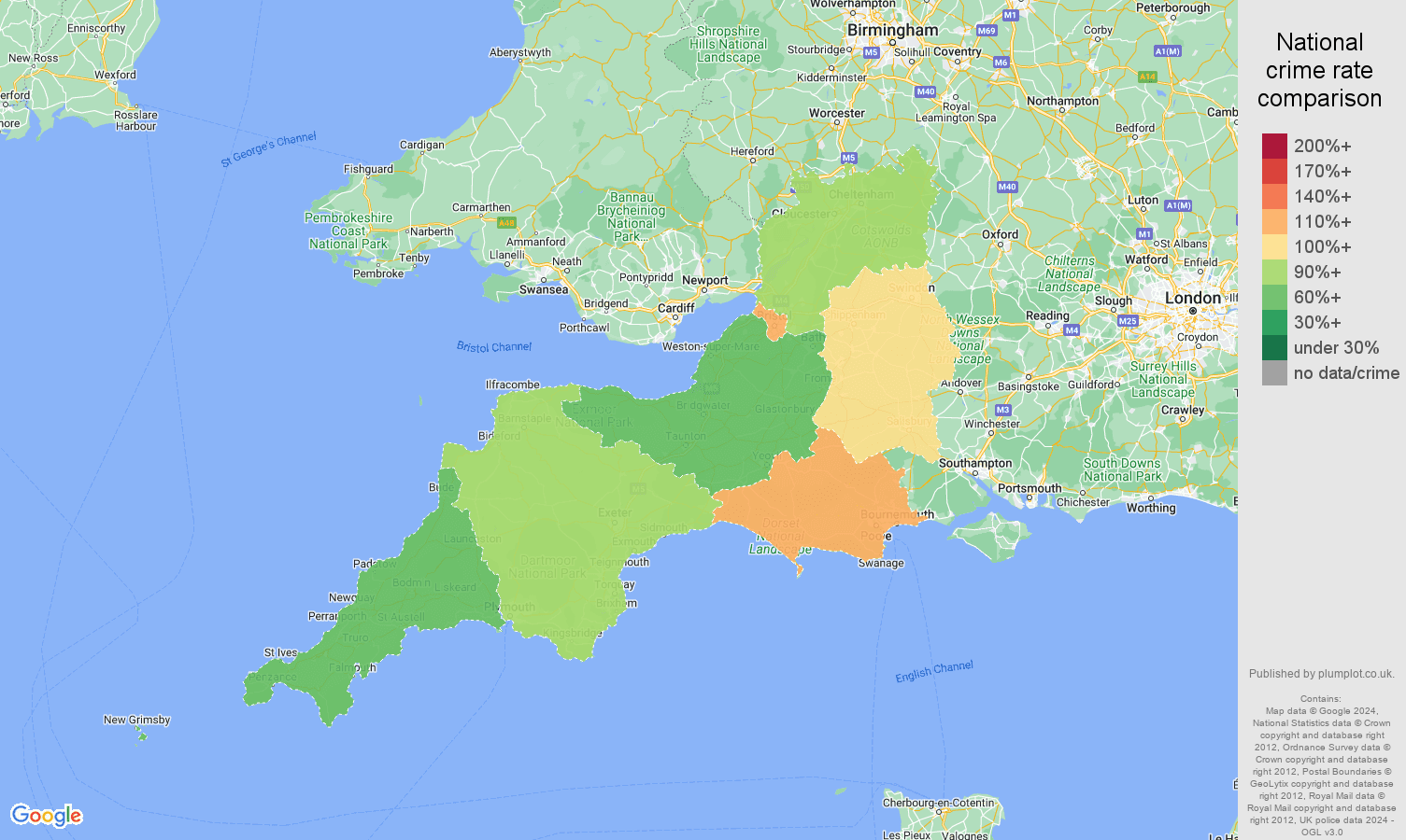 South West antisocial behaviour crime rate comparison map