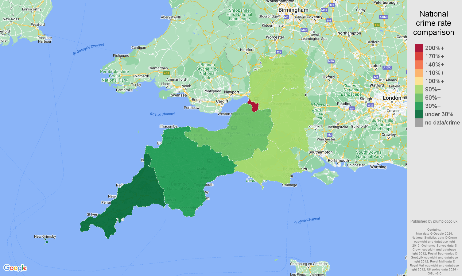 South West bicycle theft crime rate comparison map