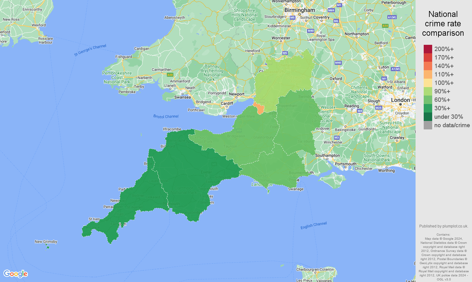 South West burglary crime rate comparison map