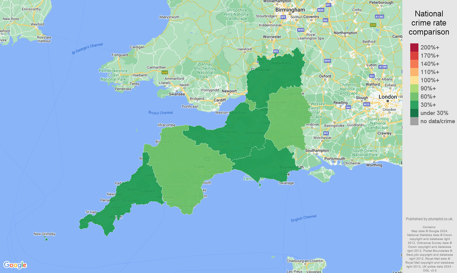 South West drugs crime rate comparison map