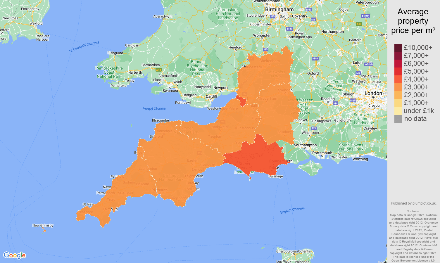 South West house prices per square metre map