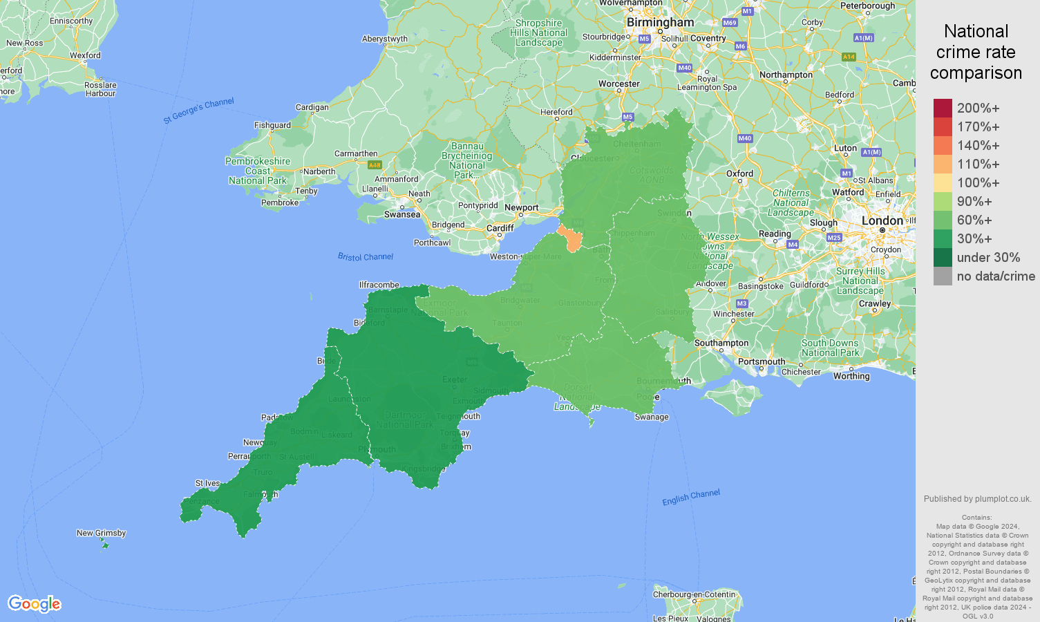 South West other theft crime rate comparison map