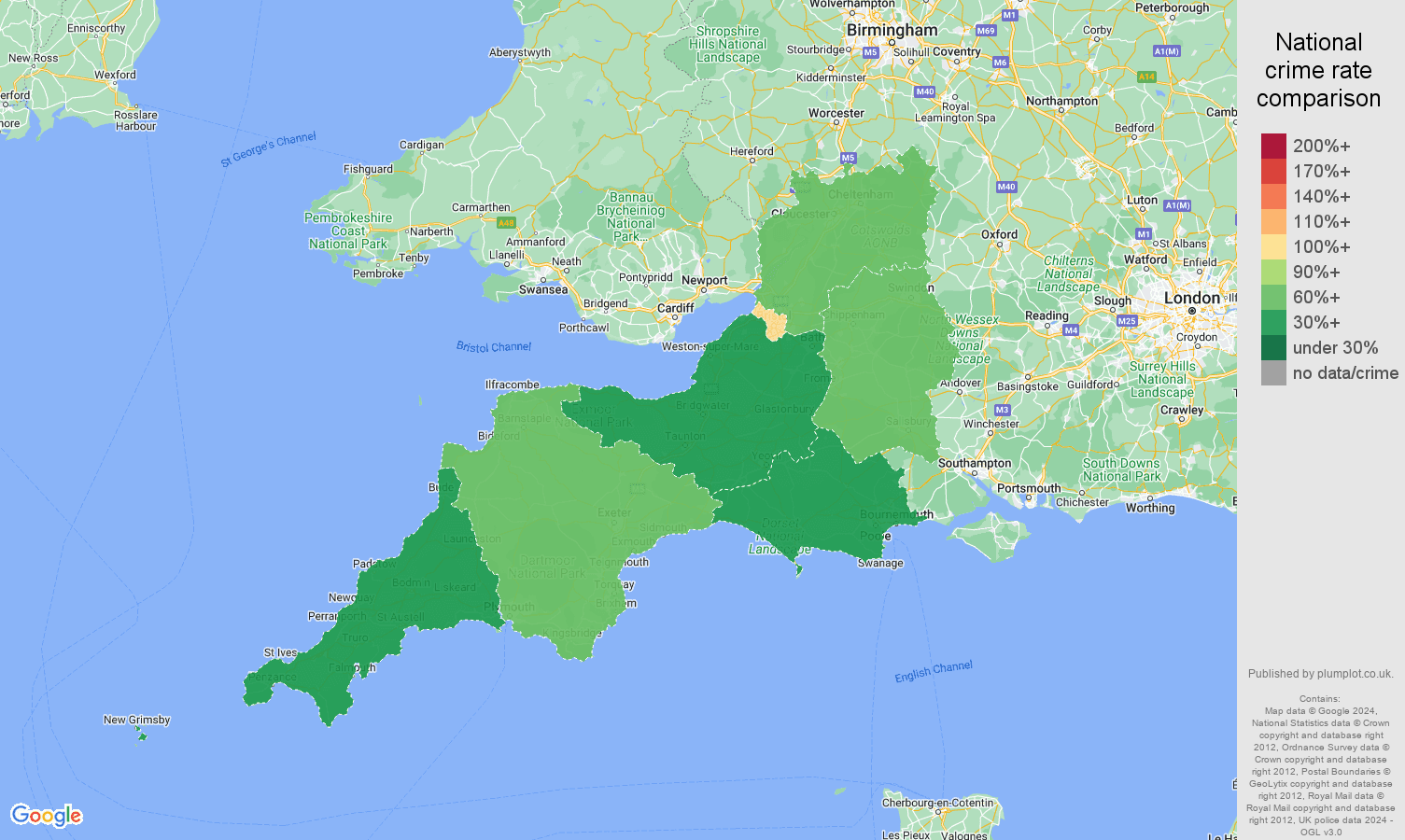 South West possession of weapons crime rate comparison map