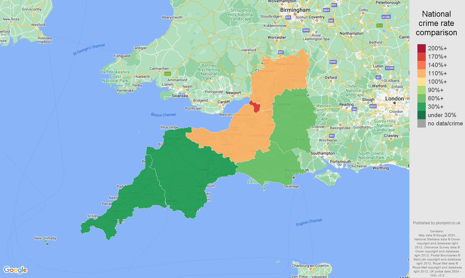 South West public order crime rate comparison map