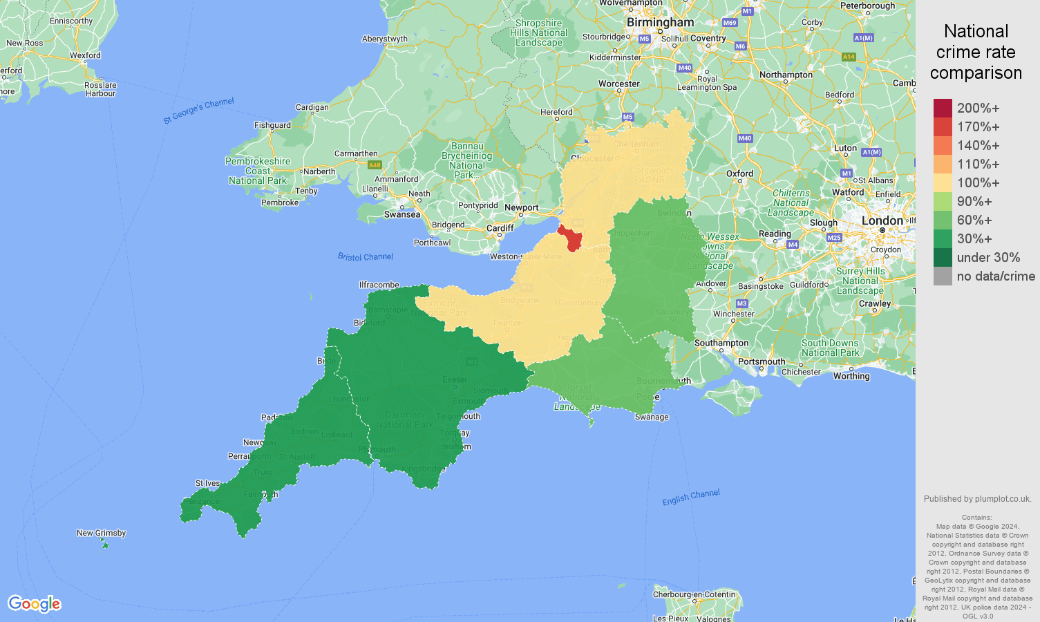 South West shoplifting crime rate comparison map