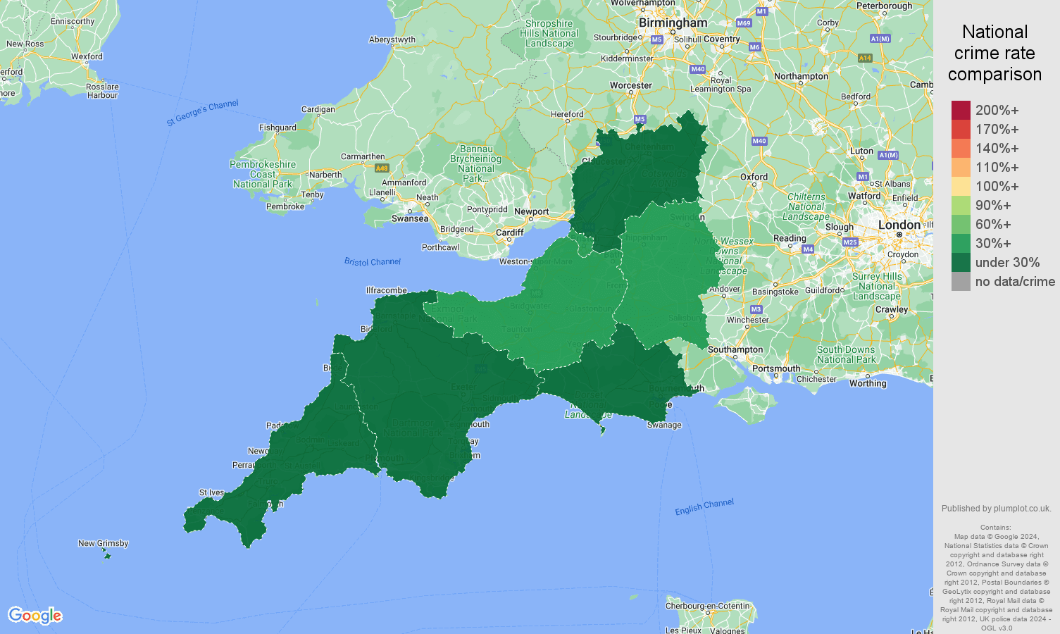 South West theft from the person crime rate comparison map