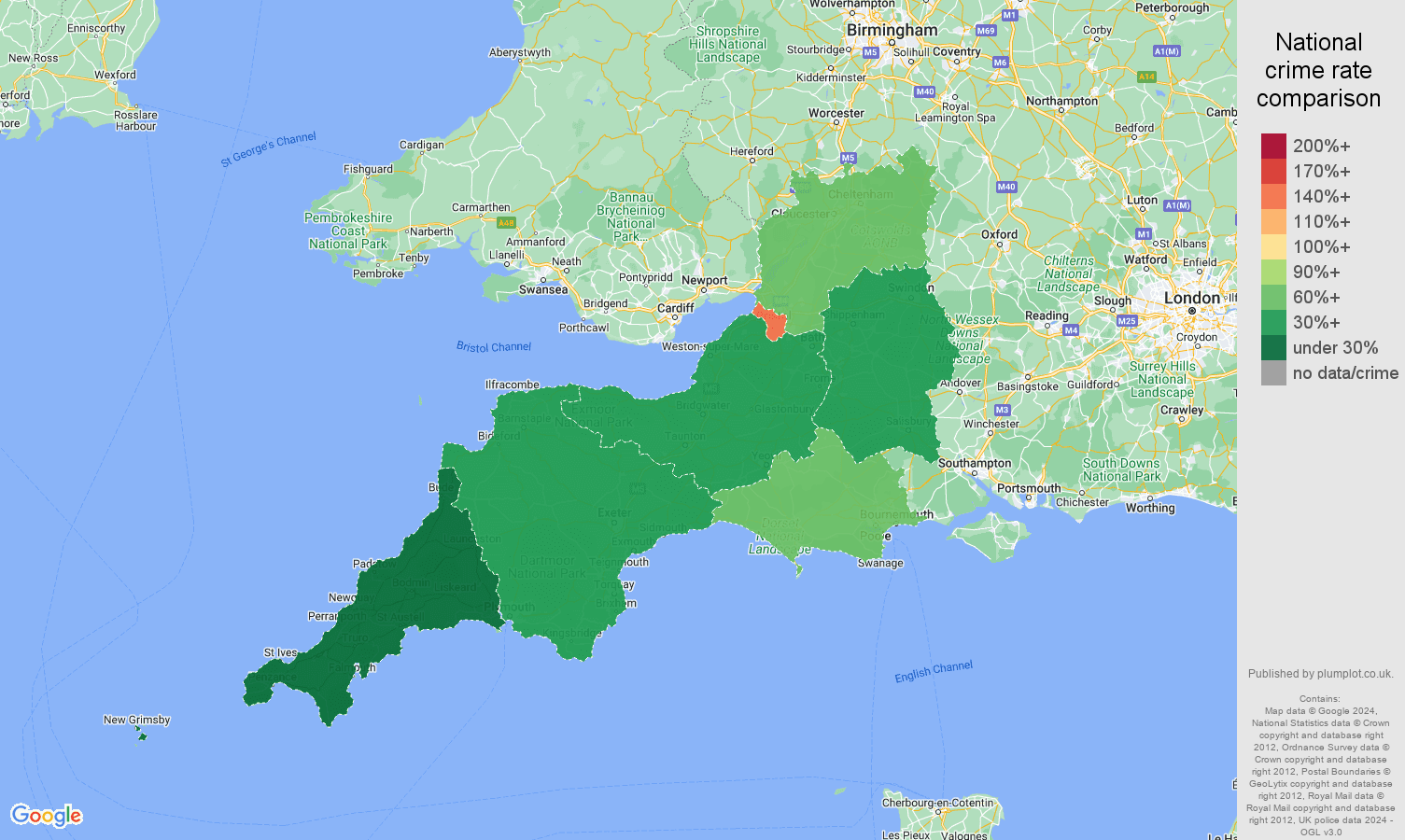 South West vehicle crime rate comparison map