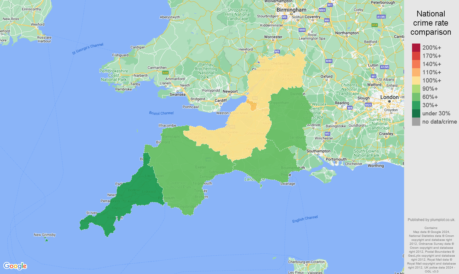South West violent crime rate comparison map