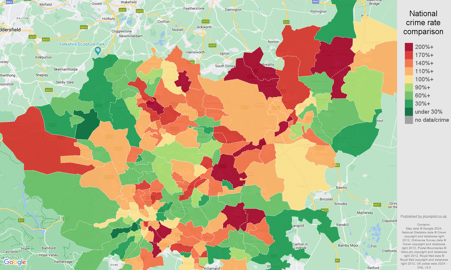 South Yorkshire antisocial behaviour crime rate comparison map