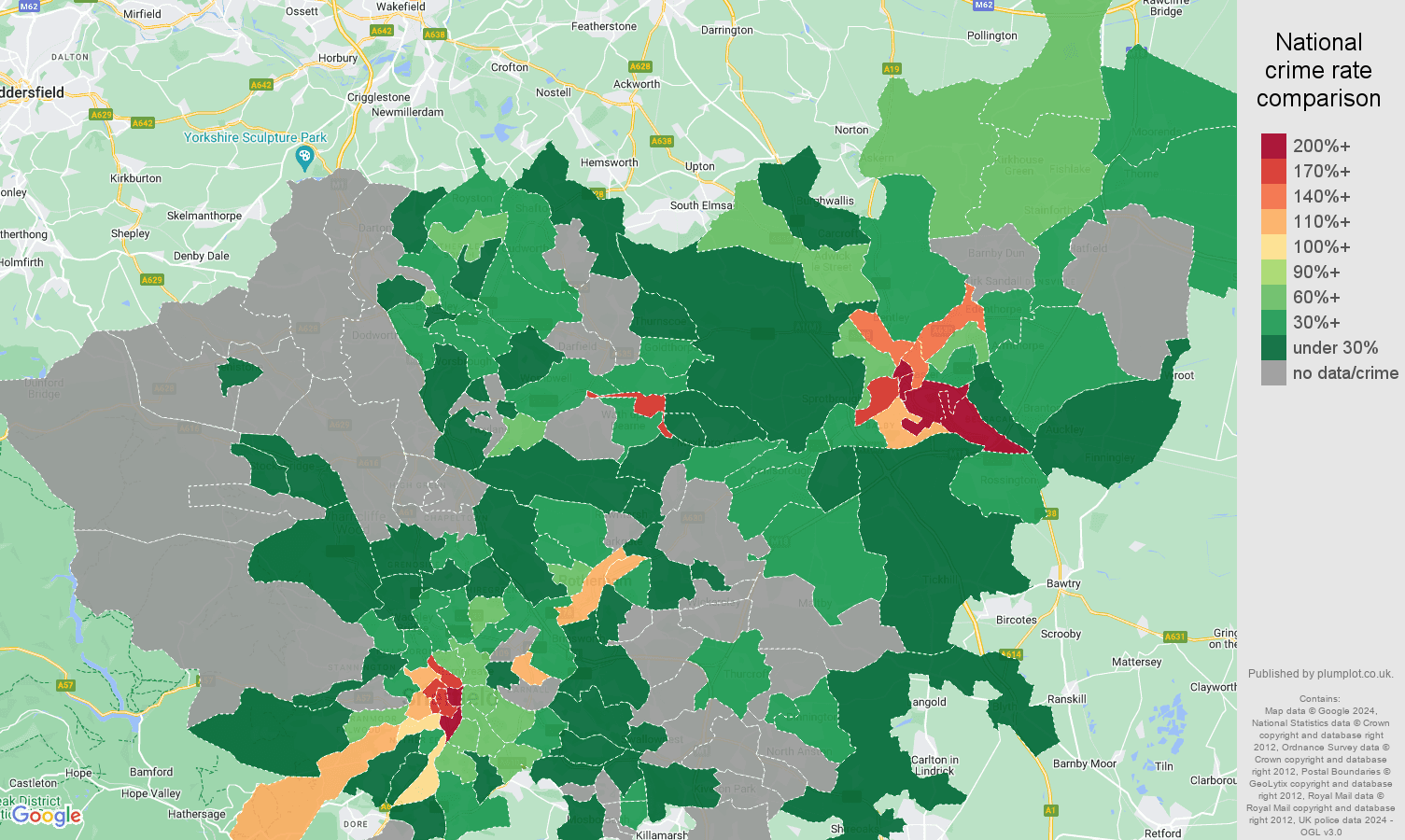 South Yorkshire bicycle theft crime rate comparison map