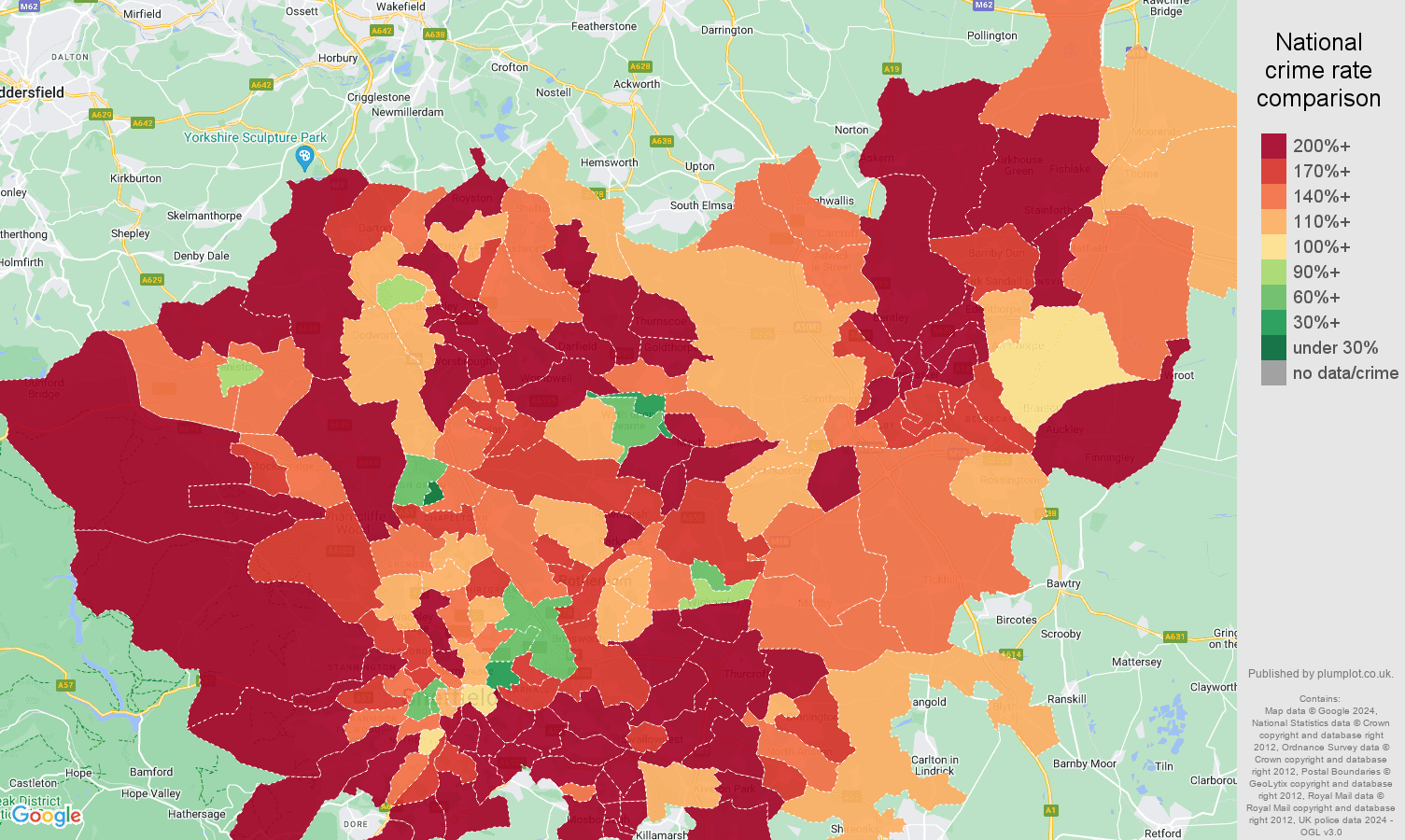 South Yorkshire burglary crime rate comparison map