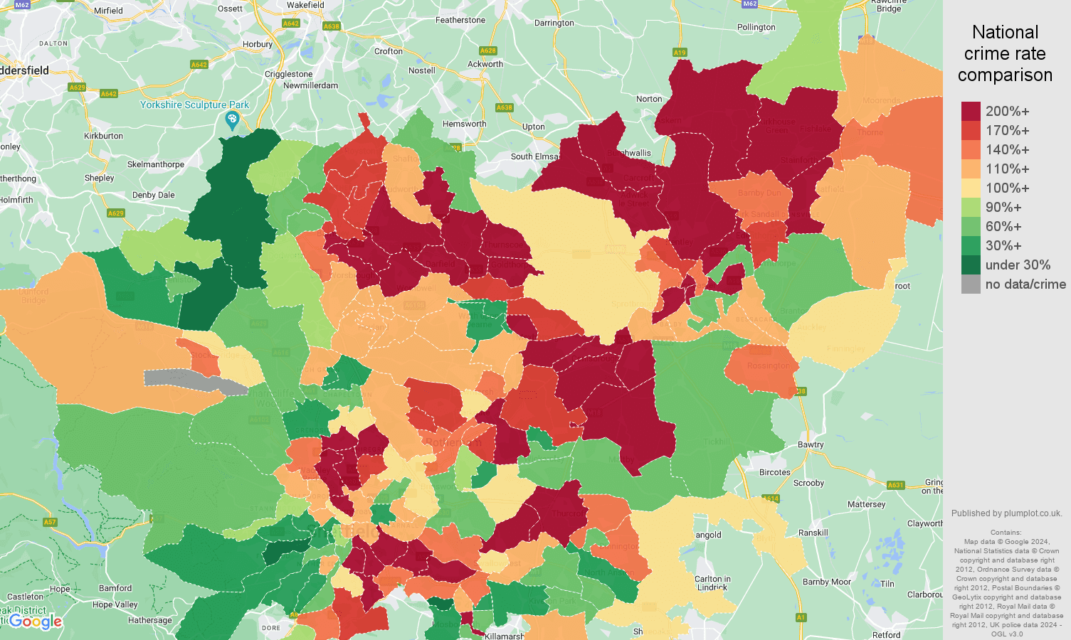 South Yorkshire criminal damage and arson crime rate comparison map