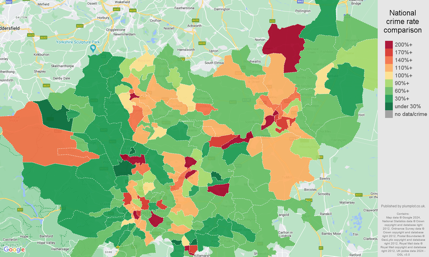South Yorkshire other theft crime rate comparison map