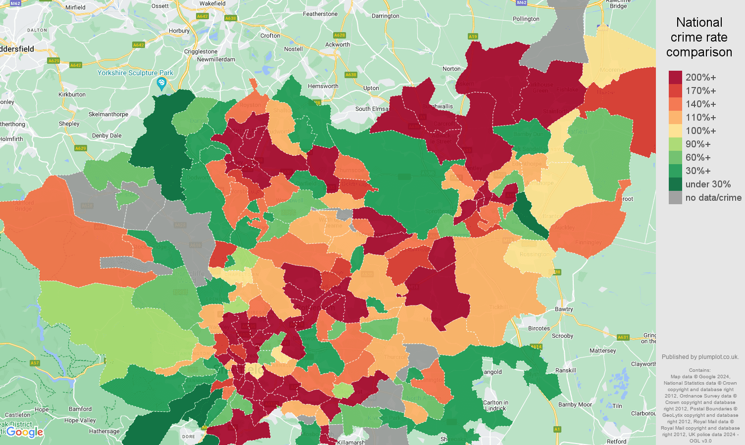 South Yorkshire possession of weapons crime rate comparison map