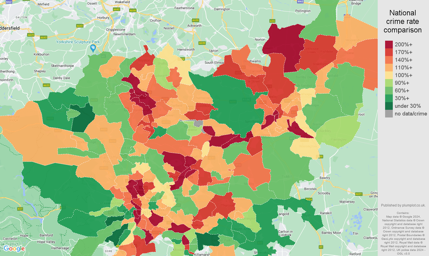 South Yorkshire public order crime rate comparison map