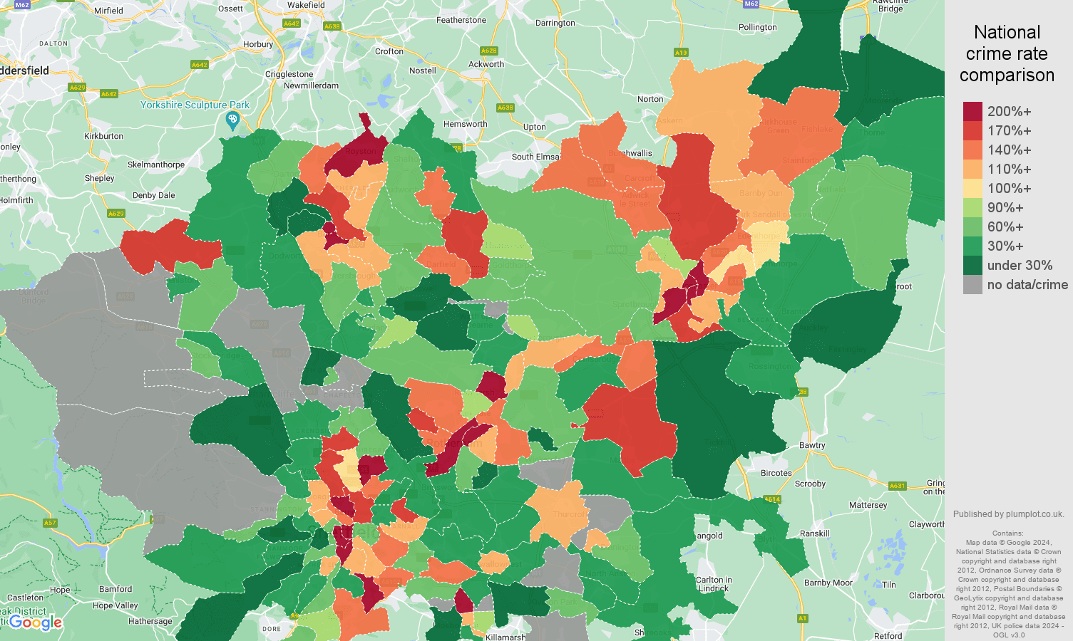 South Yorkshire robbery crime rate comparison map