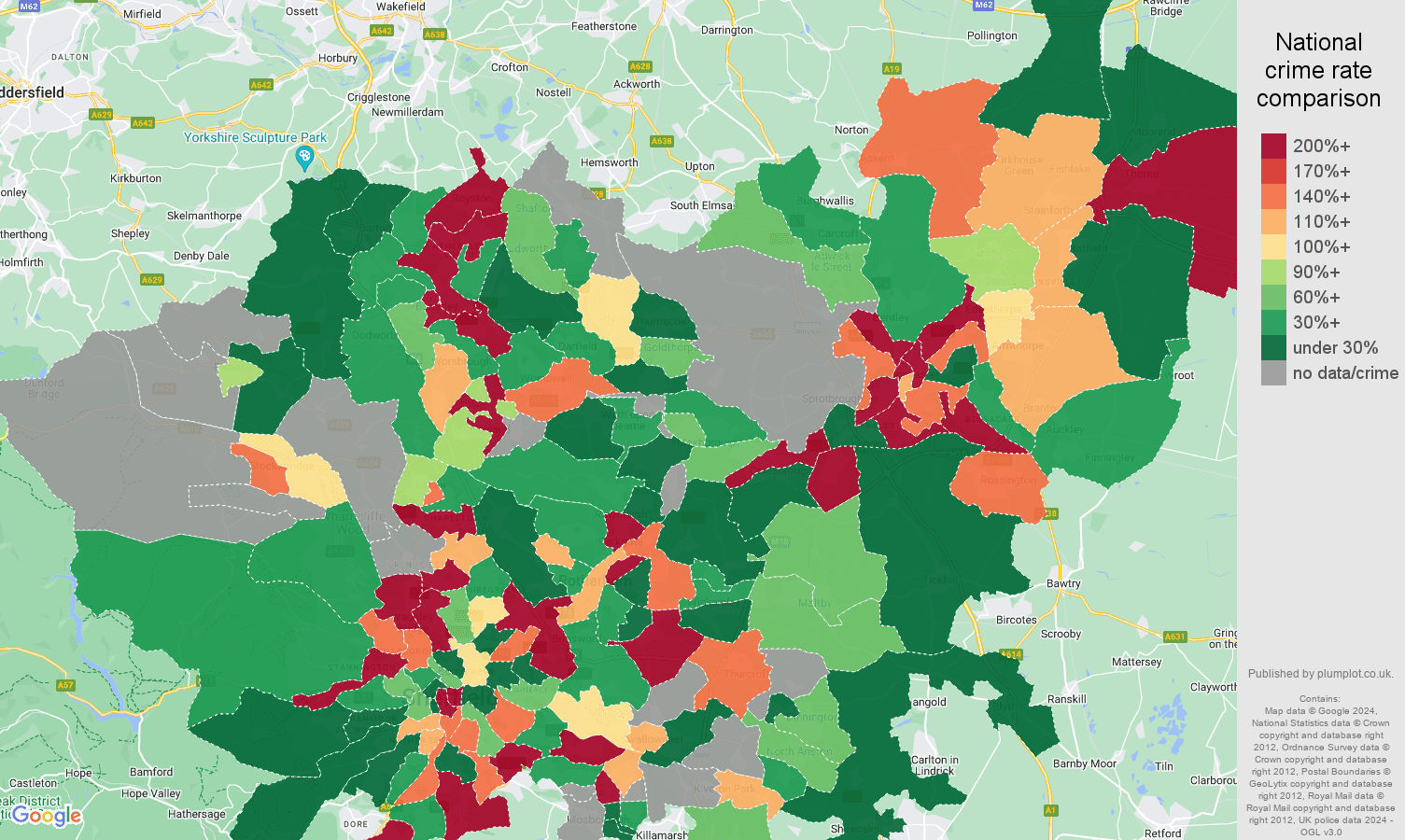 South Yorkshire shoplifting crime rate comparison map