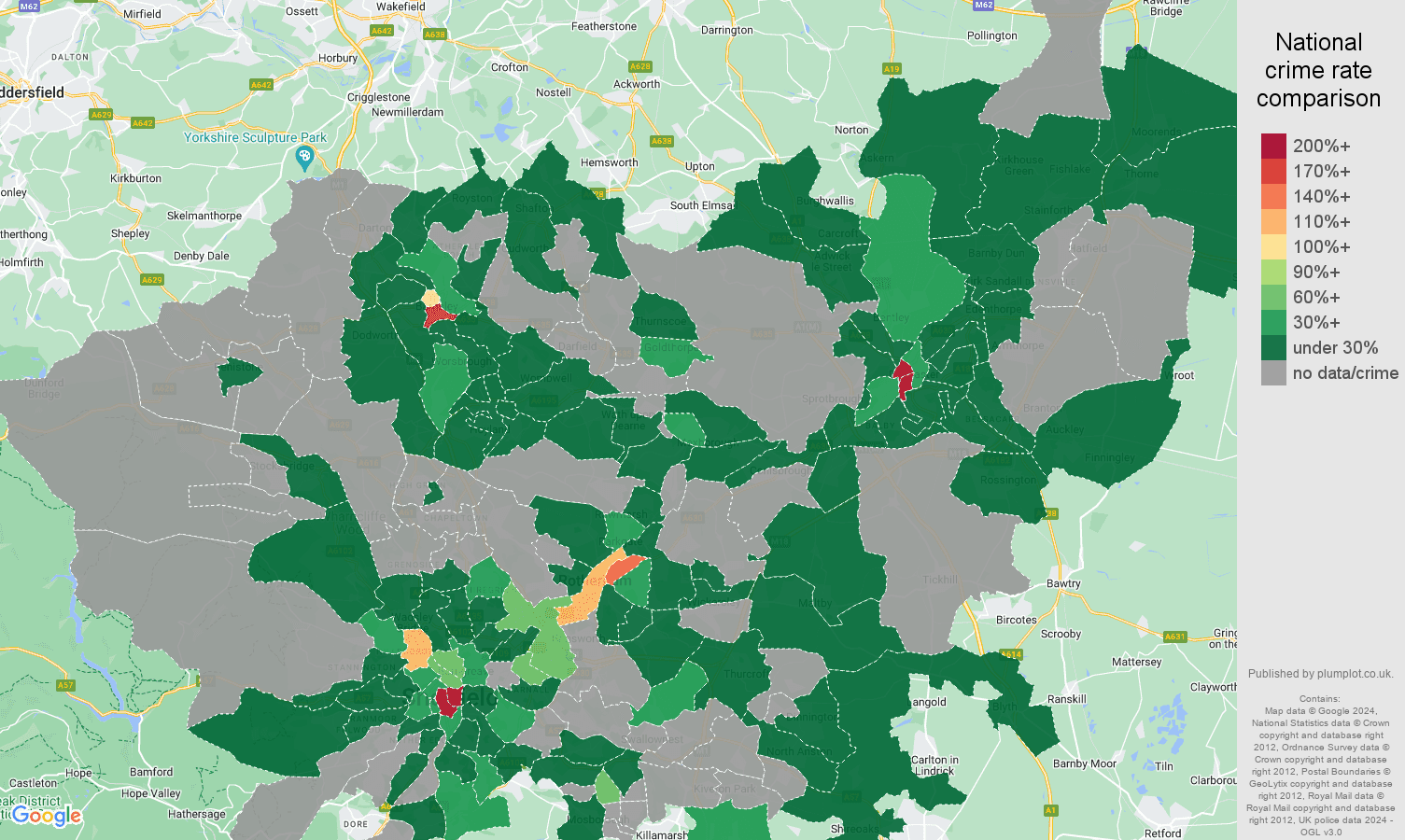 South Yorkshire theft from the person crime rate comparison map