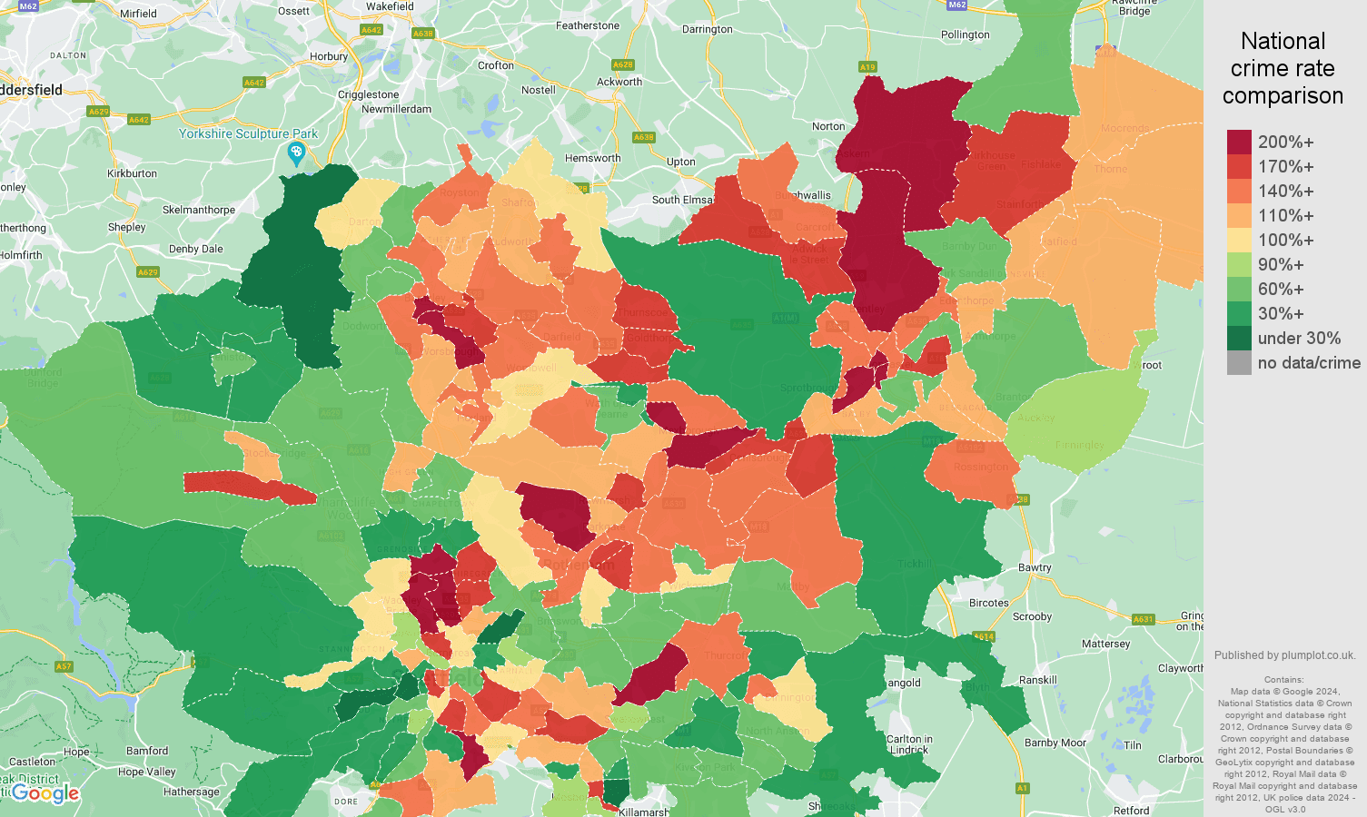 South Yorkshire violent crime rate comparison map