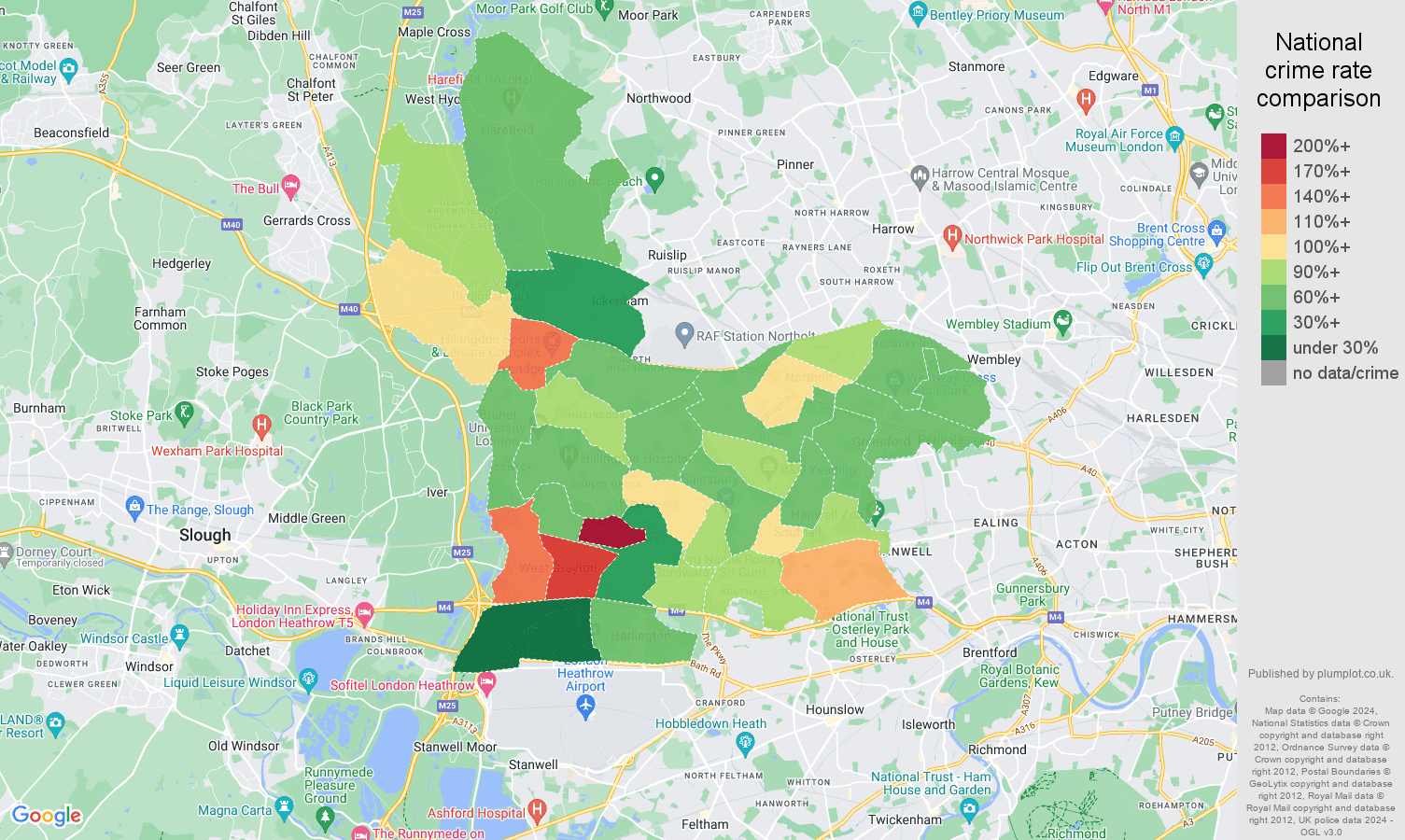 Southall criminal damage and arson crime rate comparison map