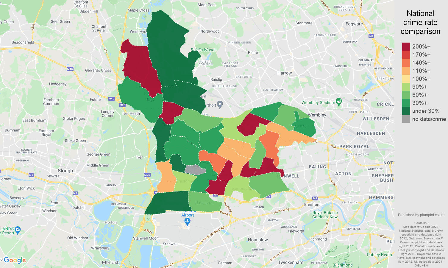 Southall theft from the person crime rate comparison map