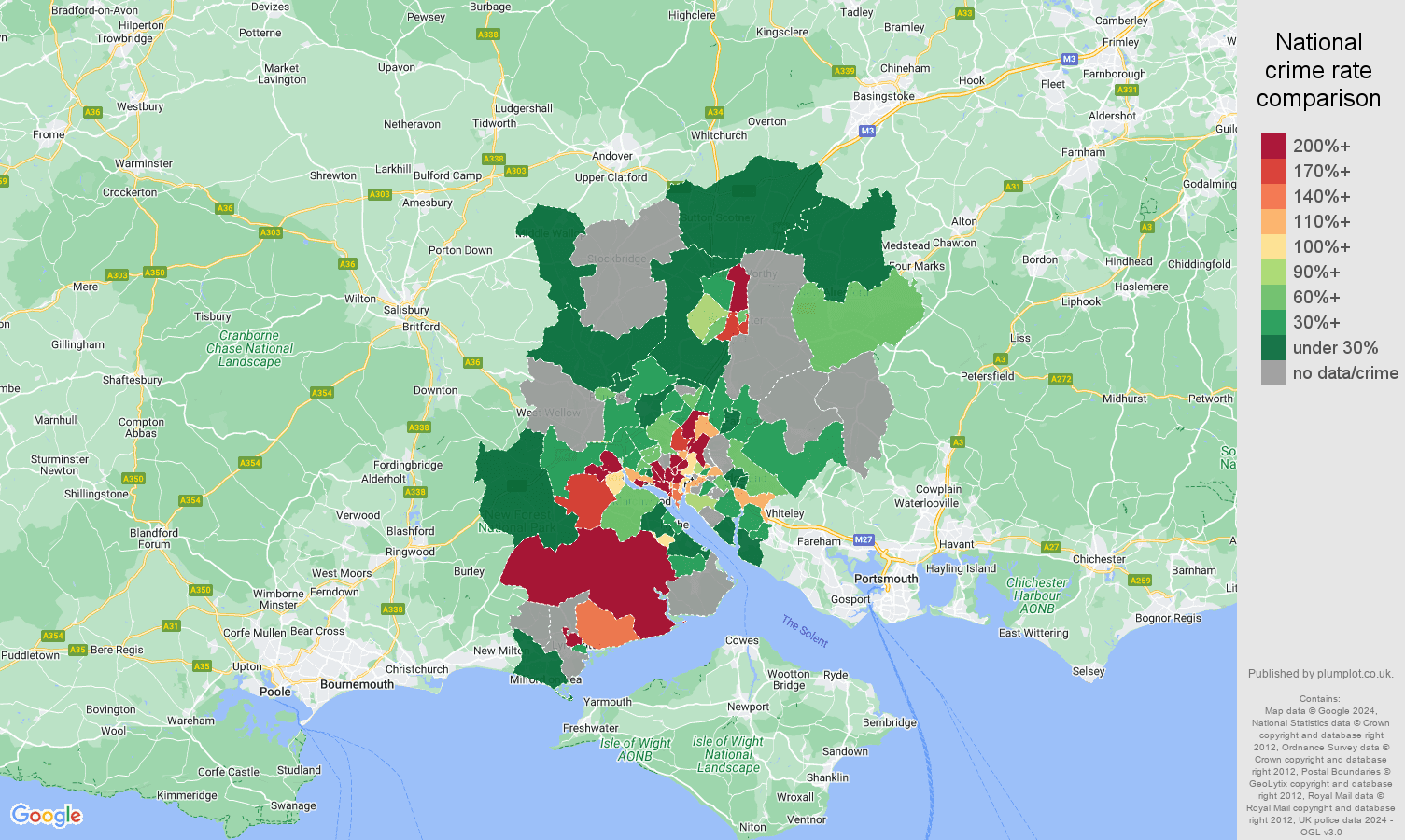Southampton bicycle theft crime rate comparison map