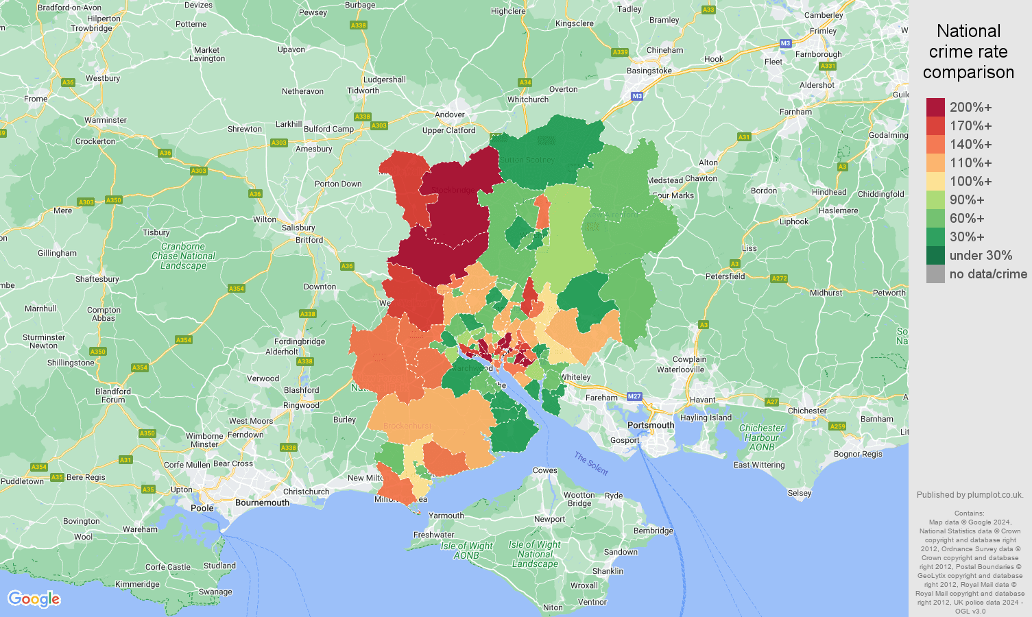 Southampton burglary crime rate comparison map
