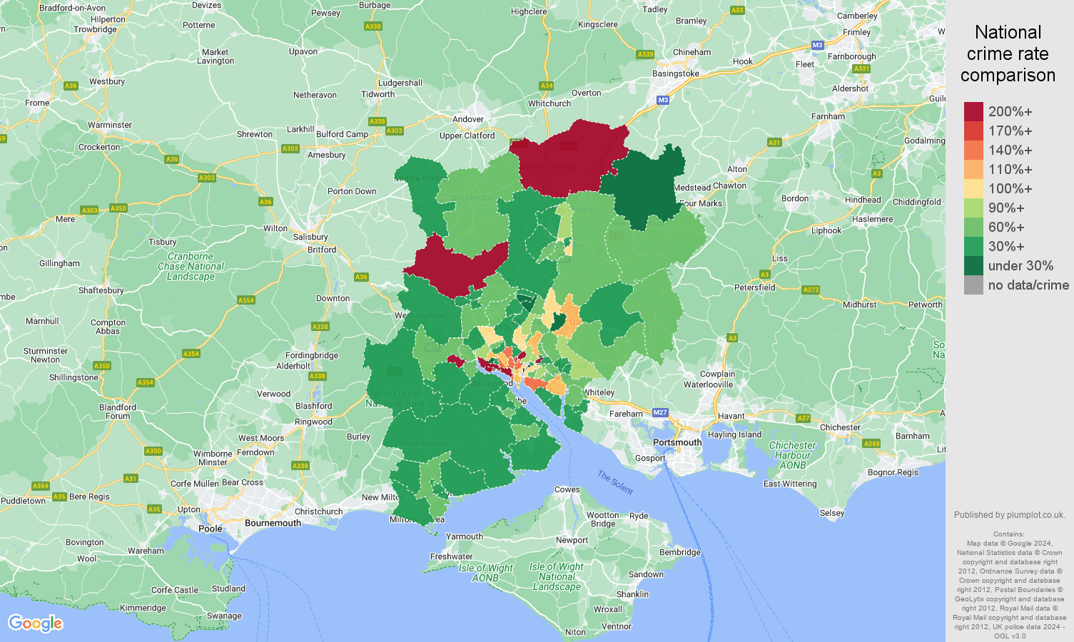 Southampton other theft crime rate comparison map