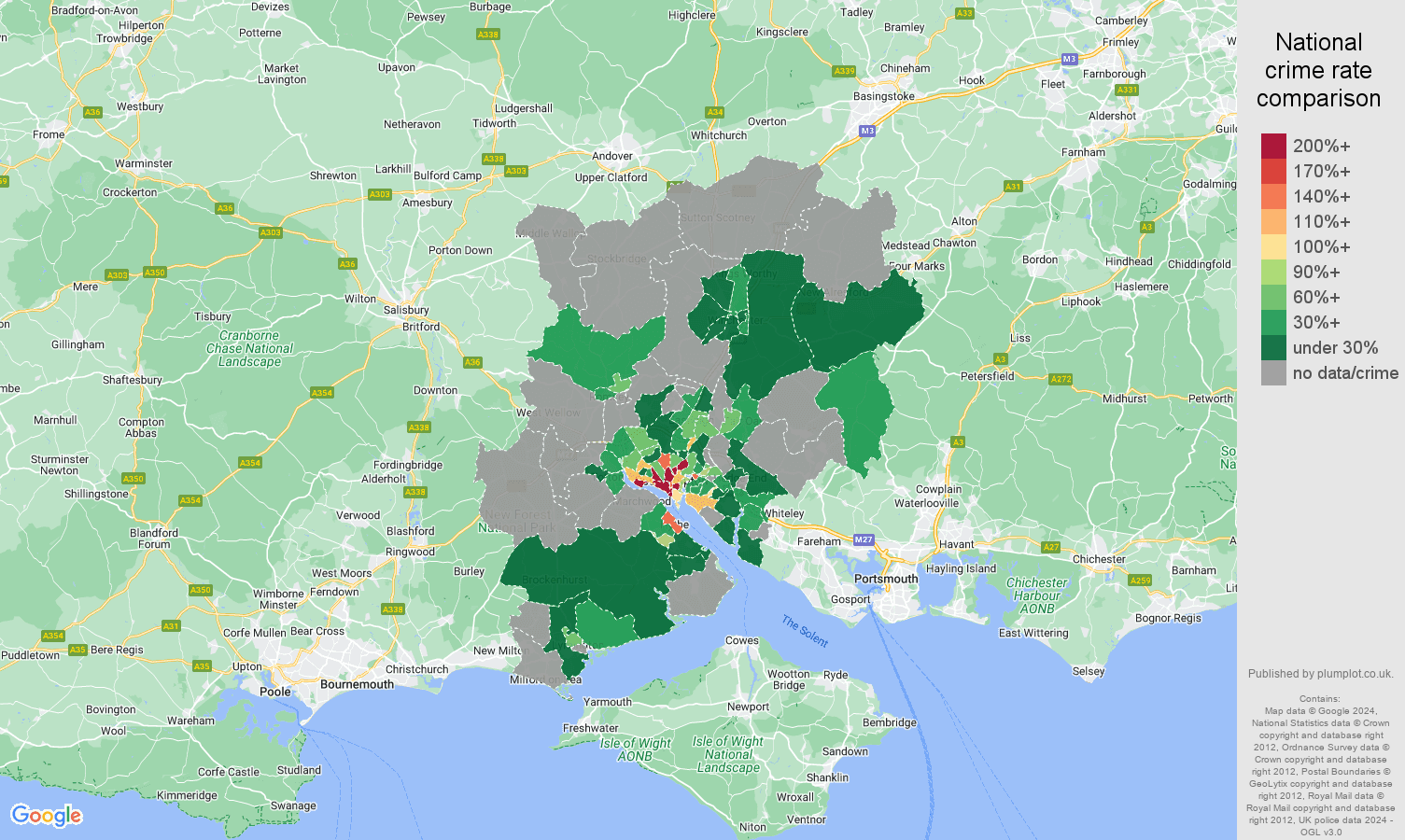 Southampton robbery crime rate comparison map