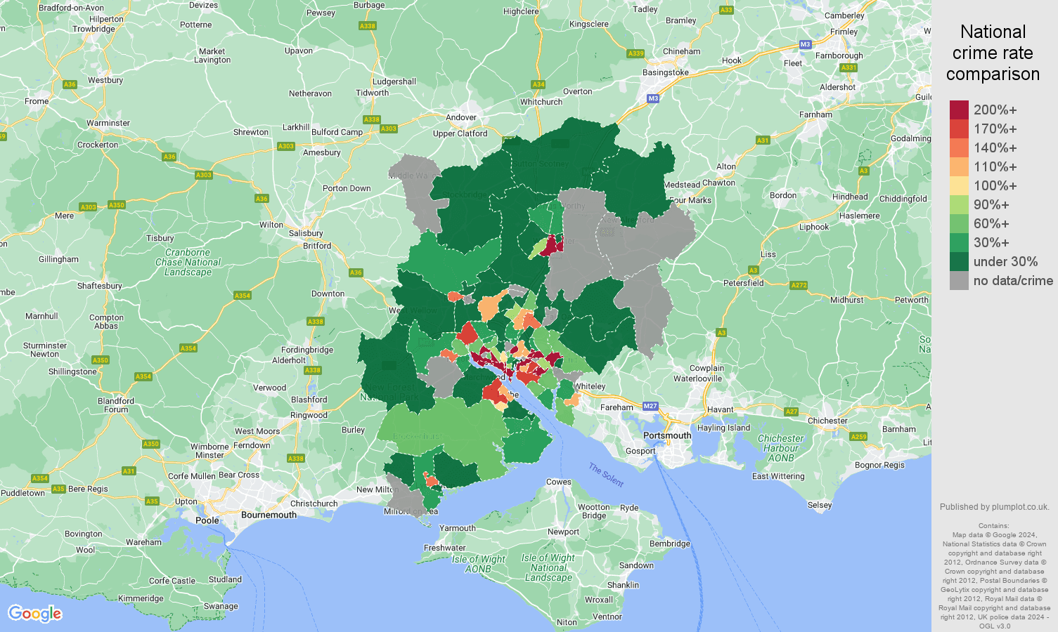 Southampton shoplifting crime rate comparison map