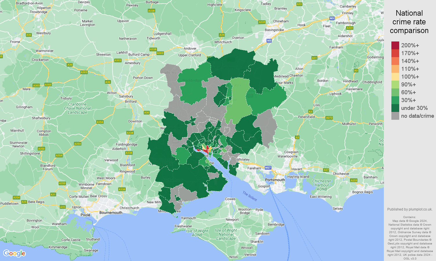 Southampton theft from the person crime rate comparison map