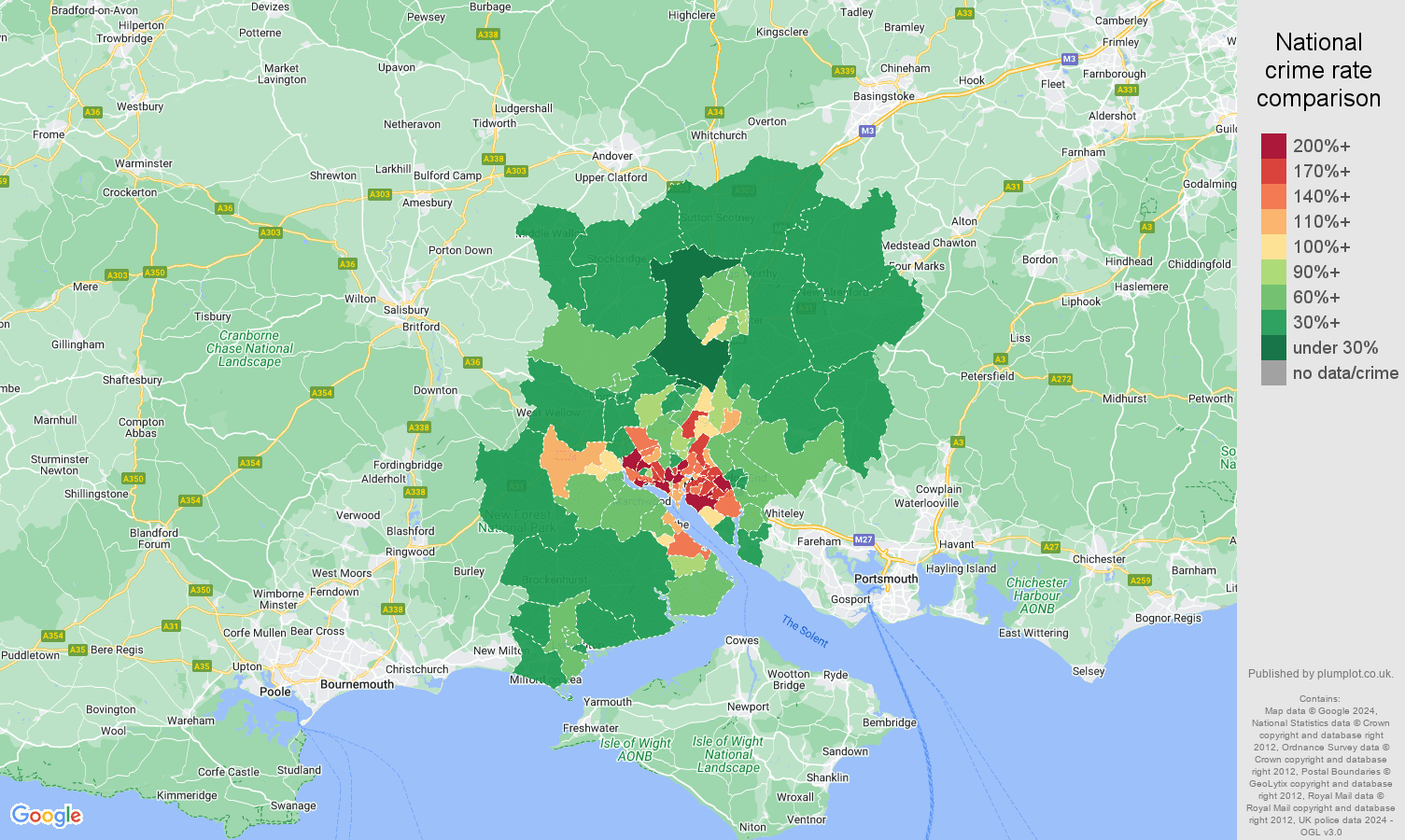 Southampton violent crime rate comparison map